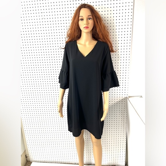 BELONGSCI 2024 Summer Dress V-Neck Bell Sleeve Shift Mini Dress Black Large - Picture 1 of 4